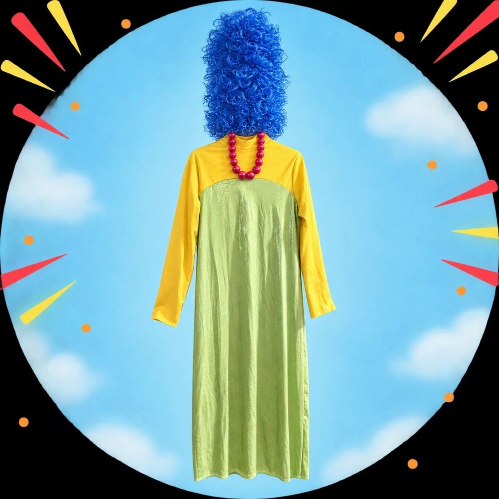 The Simpsons Marge Adult Deluxe Costume Large 12 14 Dress Wig Necklace Disguise